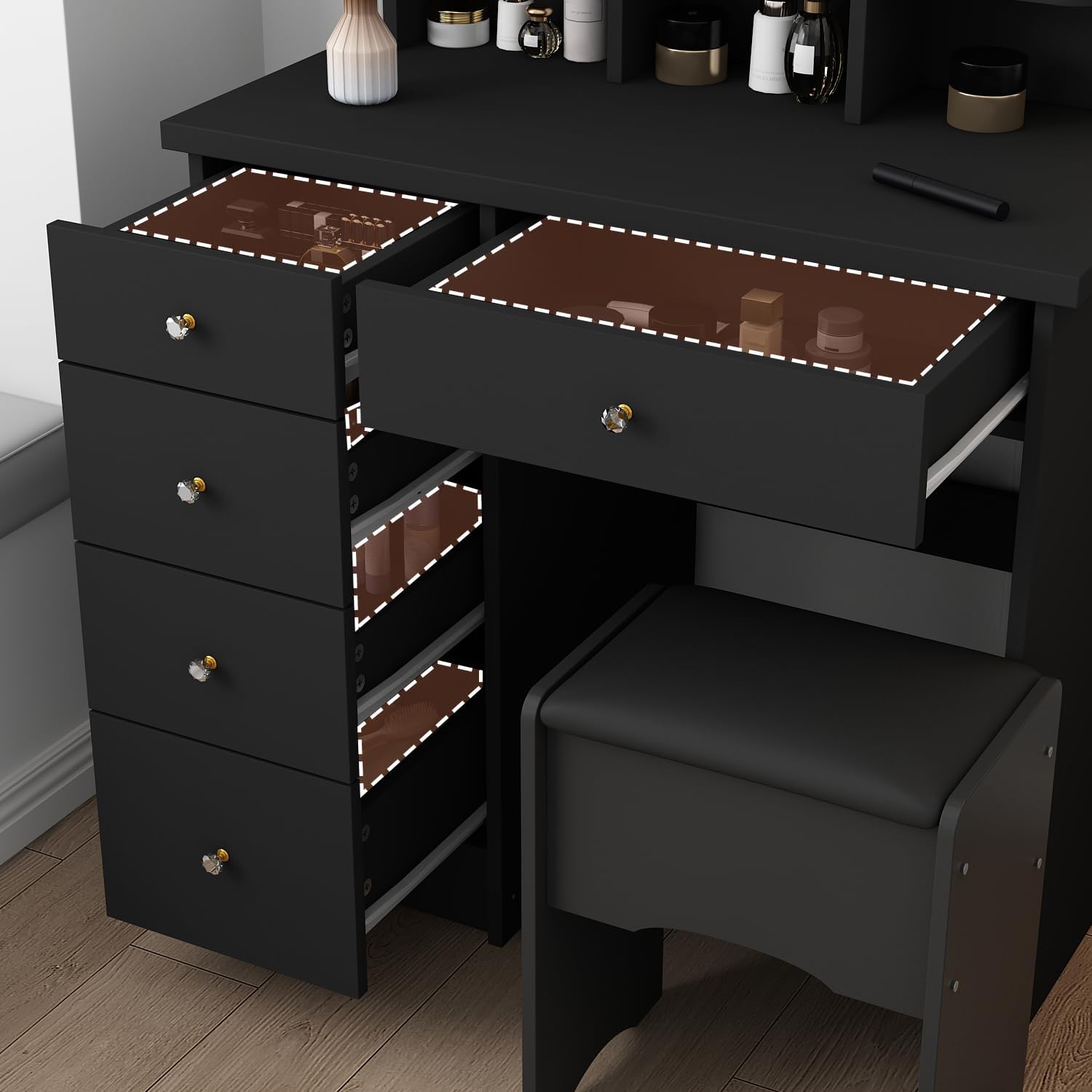 Vanity with Chair, Dressing Table with Lighted Rectangular Mirror, 5 Drawers and Shelves, Makeup Vanity Set with Storage for Bedroom, Crystal Knobs, Black, 15.7' D x 31.5' W x 55.1' H