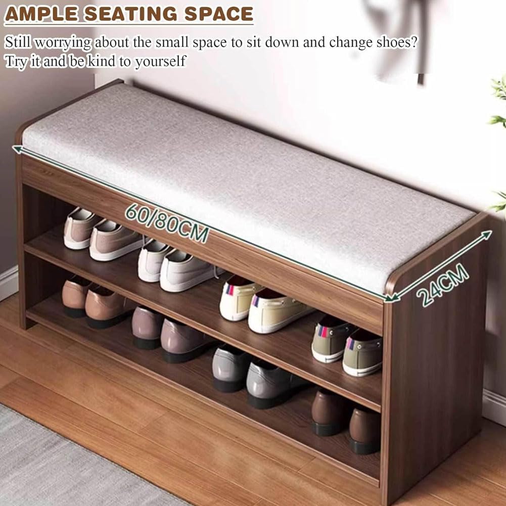 Solid Wood Shoe Bench, Open Shoe Storage Rack with Soft Seat Cushion and Round Corners Ample Seating Space Wide Horizontal Board for Stable Load-Bearing Walnut Colour 80cm