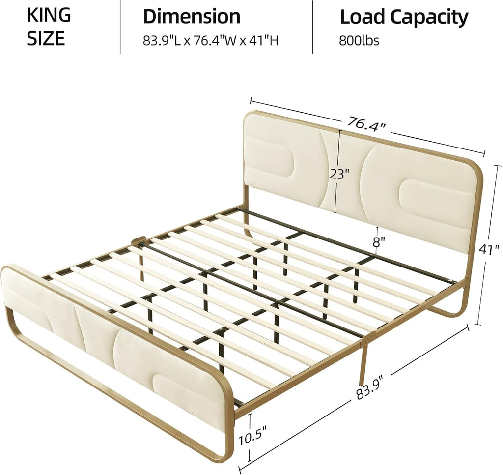 VELOCAVA Rounded Metal Upholstered Bed King with Unique Headboard, Soft Velvet Platform Bed Storage Supported by Metal Base and Wooden Slats, No Box Spring Needed,Gold & Cream