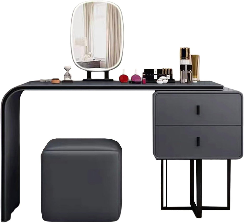 Makeup Table with Lighted Mirror and Chair Mirror 3 Colors Modes Dimming Rounded Corners Telescopic Adjustment Wood Vanity with Cushioned Stool(Gray)