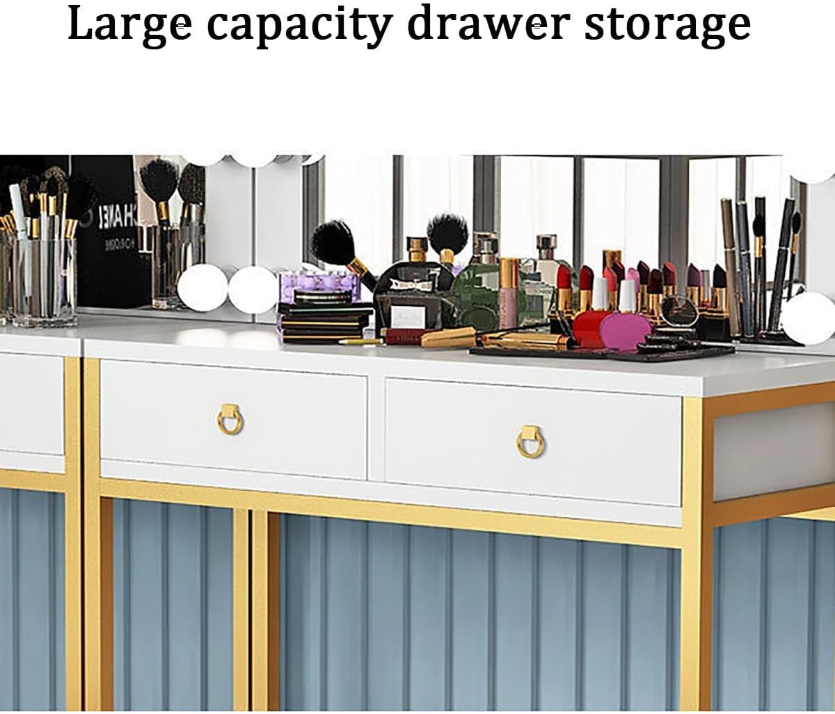 Vanity Desk with Lighted Mirror,Cosmetic Bedroom Dresser Make Up Desk,Vanities Benches Table Set with Large Tabletop,Free Make-up Organizer (Color : Black Gold, Size : 120cm)