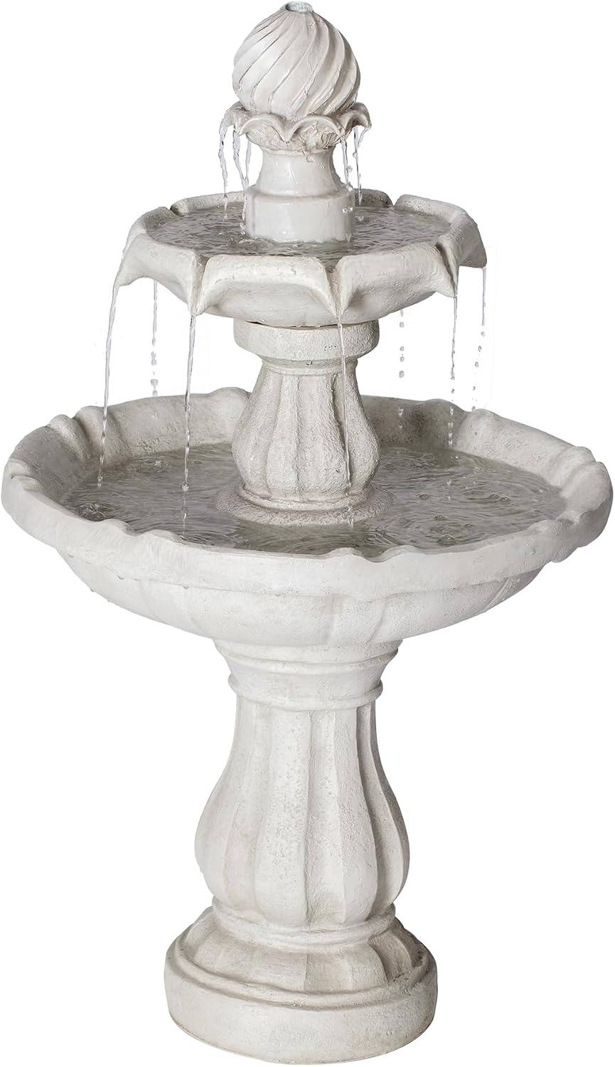 Merax 37.4' H 2-Tier White Polyresin Outdoor Water Fountain, Classic Pedestal Cascading Water Feature for Patio Garden Yard Decor