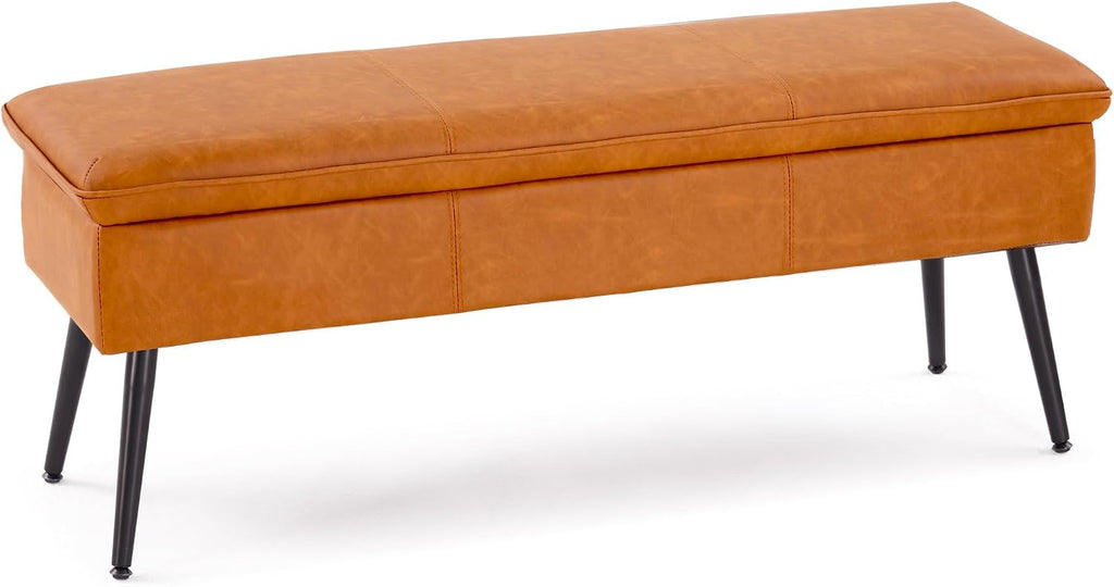 Ottoman with Storage Bench, End of Bed Bench with Flipping Lid, Mid-Century Modern & Faux Leather with Stitching, Loads 660 lb, for Living Room, Bedroom, Entryway, Cognac Brown