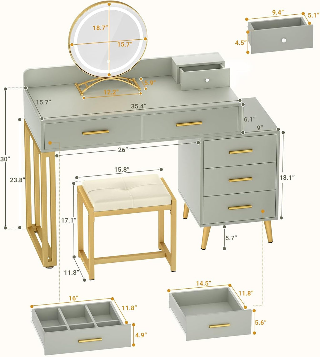 Armocity Vanity Desk with Mirror and Lights, Modern Makeup Vanity Table Set with 6 Storage Drawers and Cushioned Stool for Bedroom, Dressing Table with Divided Organizers for Women Girls, Cyan