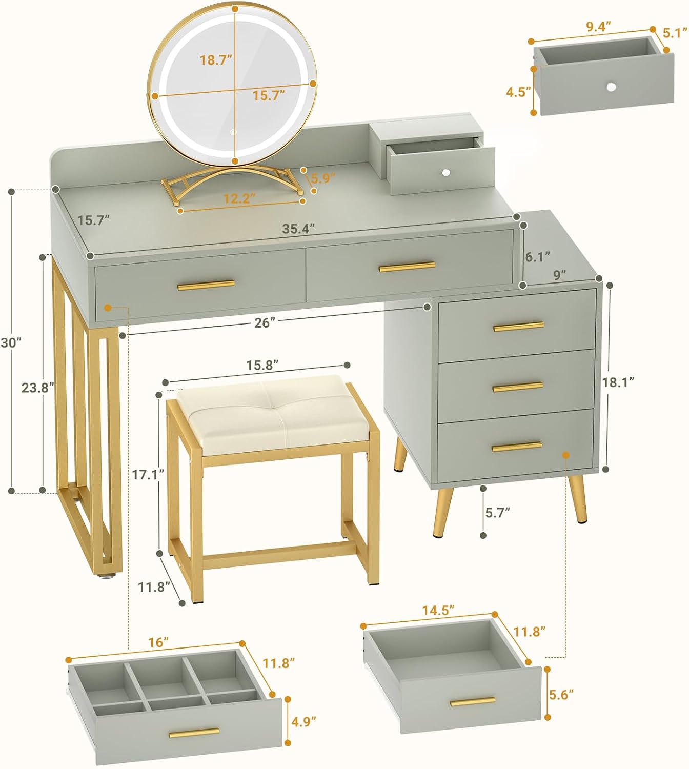 Armocity Vanity Desk with Mirror and Lights, Modern Makeup Vanity Table Set with 6 Storage Drawers and Cushioned Stool for Bedroom, Dressing Table with Divided Organizers for Women Girls, Cyan