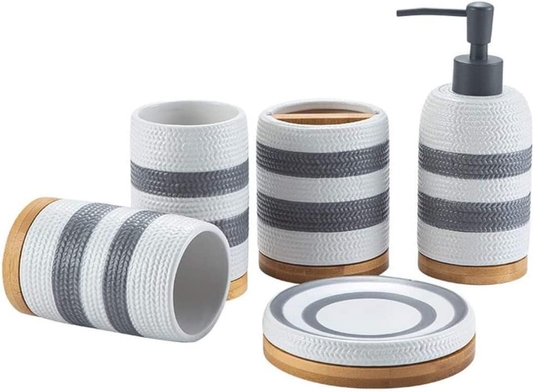 Vanity Bathroom Decor, Soap Dispenser 5 Piece Bathroom Accessories Set, Hand Painted Wheat Stripes Bath Ensemble, Ceramic Bath Set Housewarming Gift