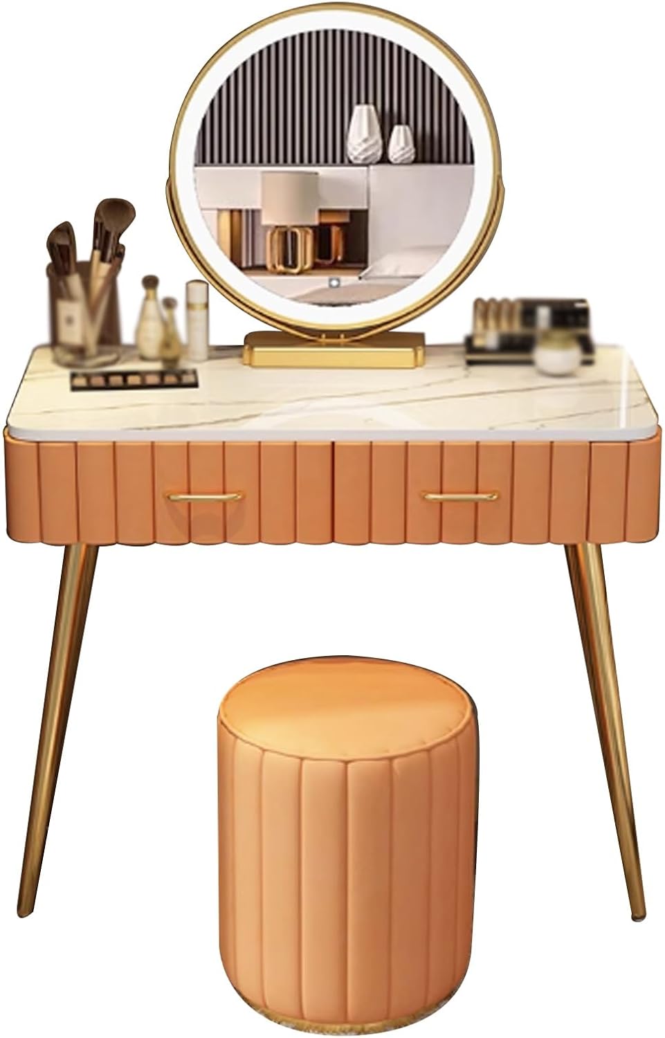 Vanity Desk with Lights Makeup Desk White Vanity with Lighted Mirror Small Vanity Desk Round Table Corner Design Wide Tabletop Stable Support Stylish Matching Suitable fo,D-80 * 40 * 76 cm