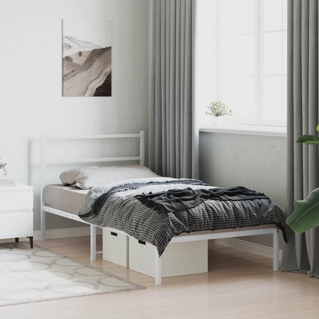 Metal Bed Frame with Headboard White Queen/Twin Size Steel Platform Bedframe Underbed Storage Space Sturdy Bed Base for Bedroom Guest Room