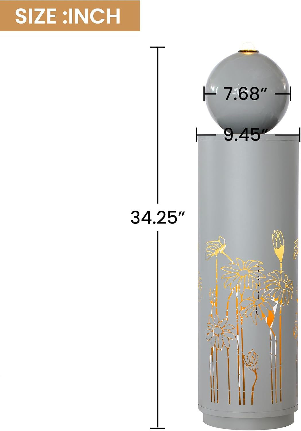 Merax 34.25' H Light Gray Metal Cutout Outdoor Water Fountain with LED Lights, Modern Freestanding Sphere-Top Water Feature for Patio Garden Backyard Decor