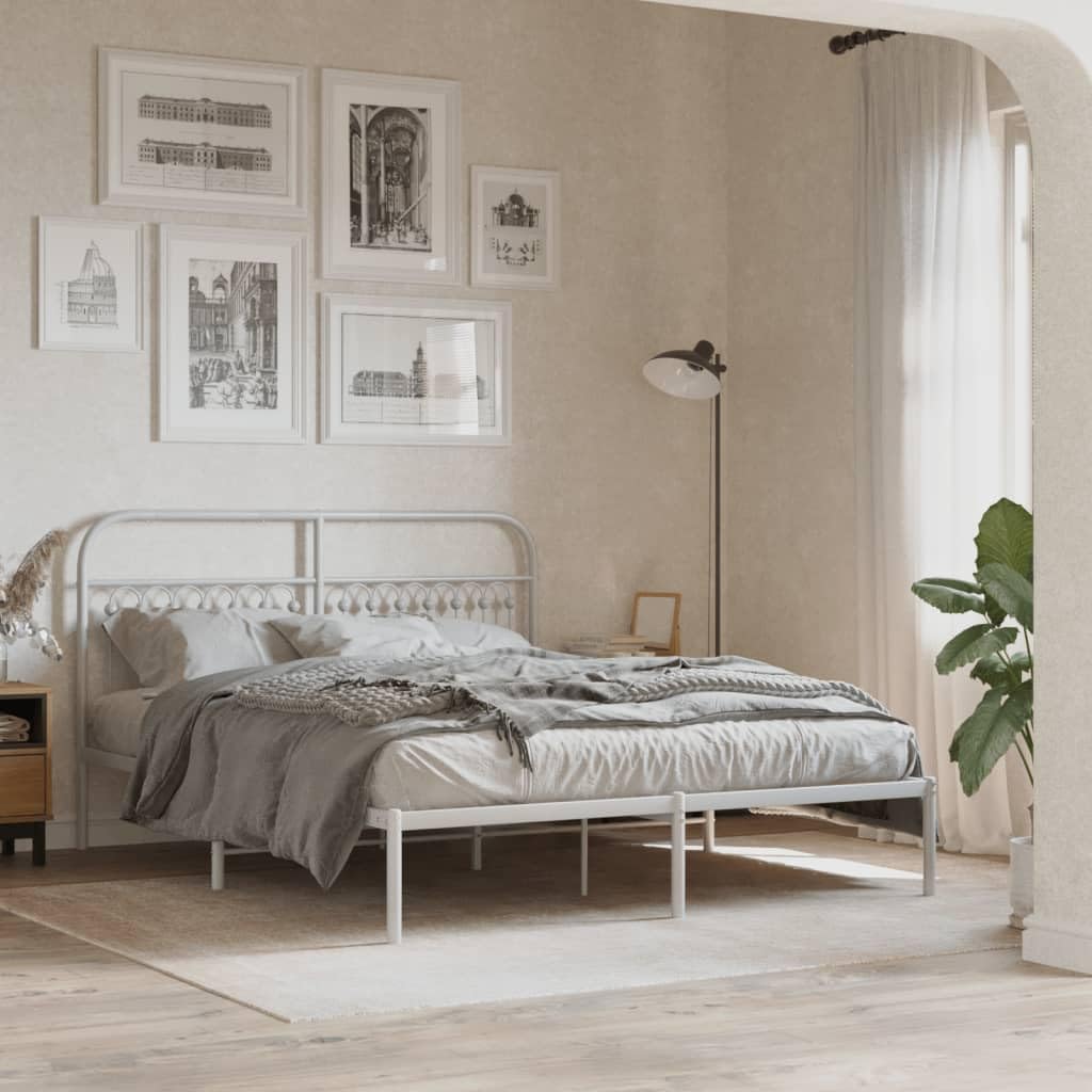 White Steel King Bed Frame with Elegant Headboard, Rectangular Traditional Design for Modern Bedroom, 4-Piece Metal Frame Set with Enhanced Support and Durable Construction