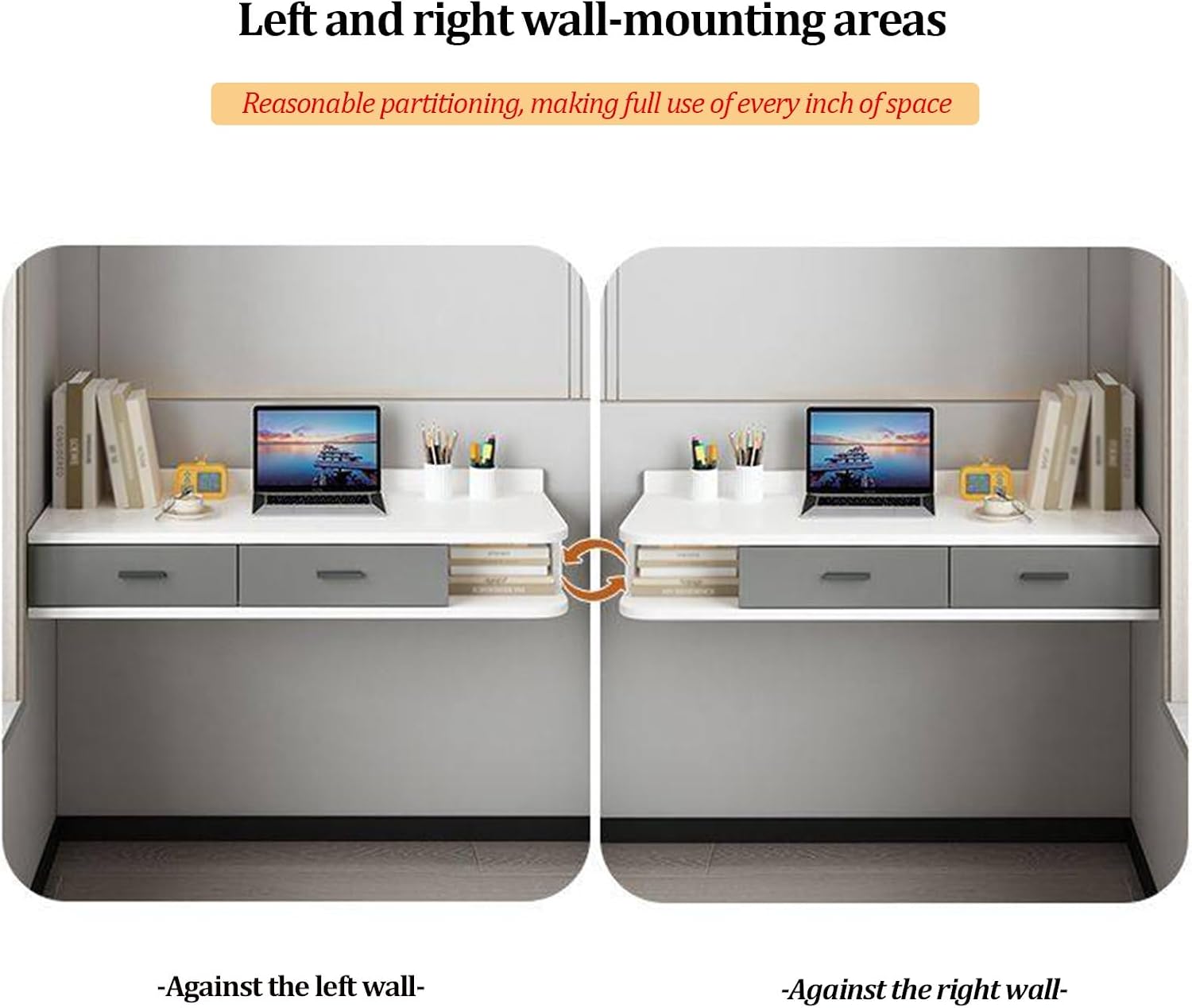 White Corner Floating Makeup Vanity, Wooden Computer Desk with Drawers&Open Storage Space, Wall Mounted Nightstand, Space-Saving, for Bedroom(Right,80cm/31.49in)