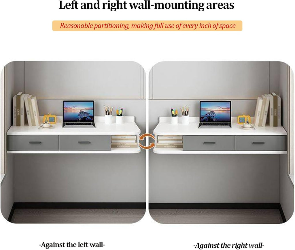 White Corner Floating Makeup Vanity, Wooden Computer Desk with Drawers&Open Storage Space, Wall Mounted Nightstand, Space-Saving, for Bedroom(Right,60cm/23.62in)