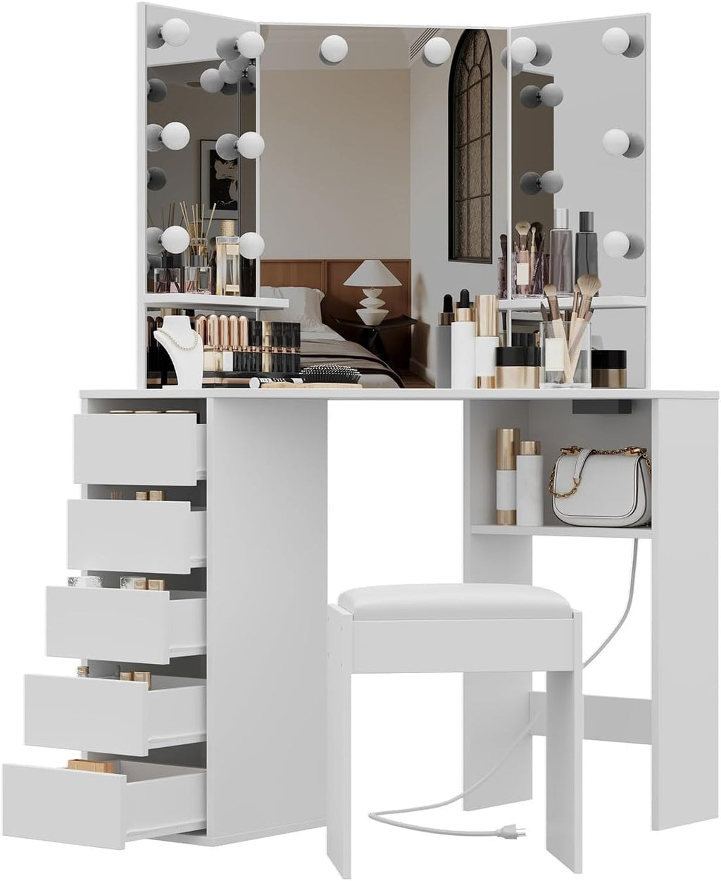 GarveeHome Corner Vanity and Stool, Corner Vanity Desk with Mirror and Lights, Corner Makeup Vanity with Power Outlet, 3 Color & Brightness Adjustable Light, Makeup Vanity for Girls and Women, White