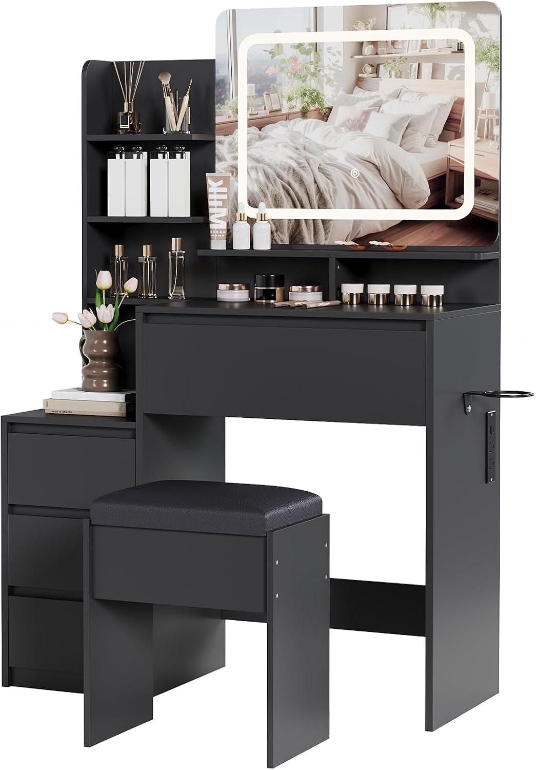 Vanity Set with Mirror and Adjustable Lights, Makeup Vanity Table with Built-in Charging Station, Vanity Desk with 4 Drawers, 4 Shelves, Vanity Bench for Bedroom-Black
