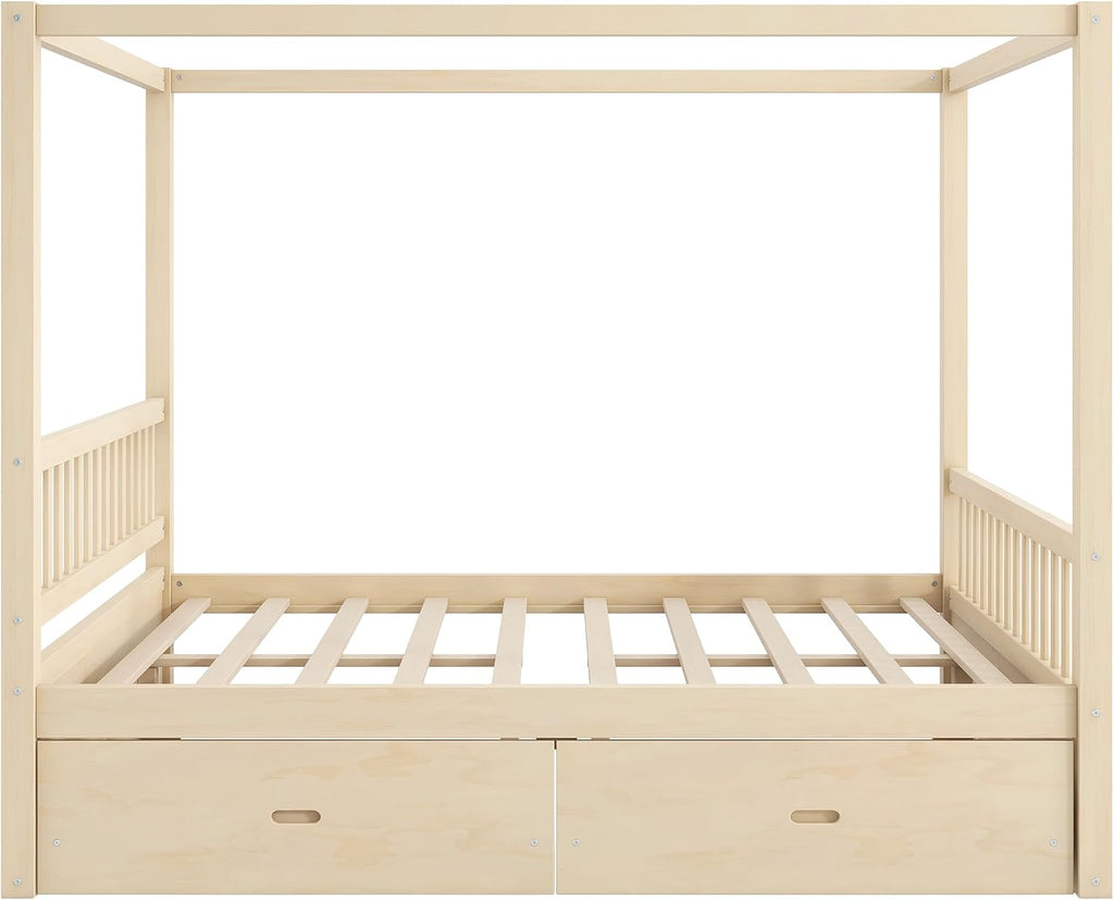 Merax Queen Size Canopy Bed with Storage, Solid Wood Four Posters Bed Frame with Drawers, No Box Spring Needed, Natural