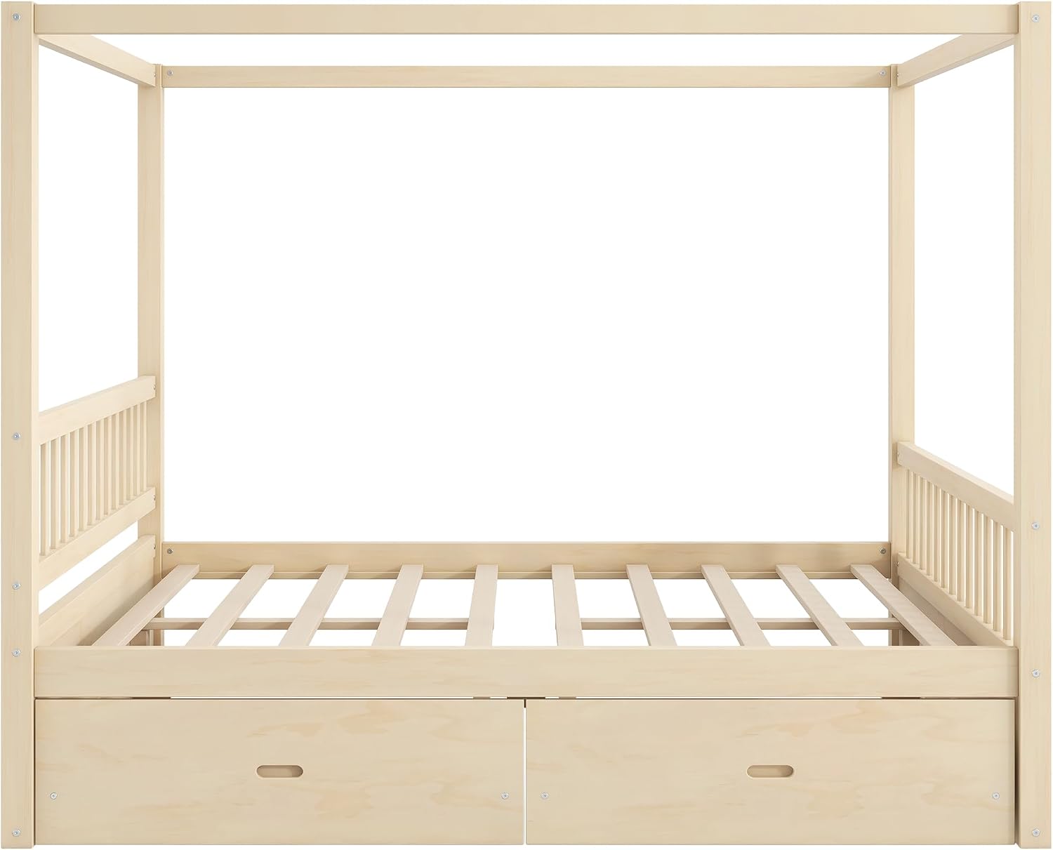 Merax Queen Size Canopy Bed with Storage, Solid Wood Four Posters Bed Frame with Drawers, No Box Spring Needed, Natural