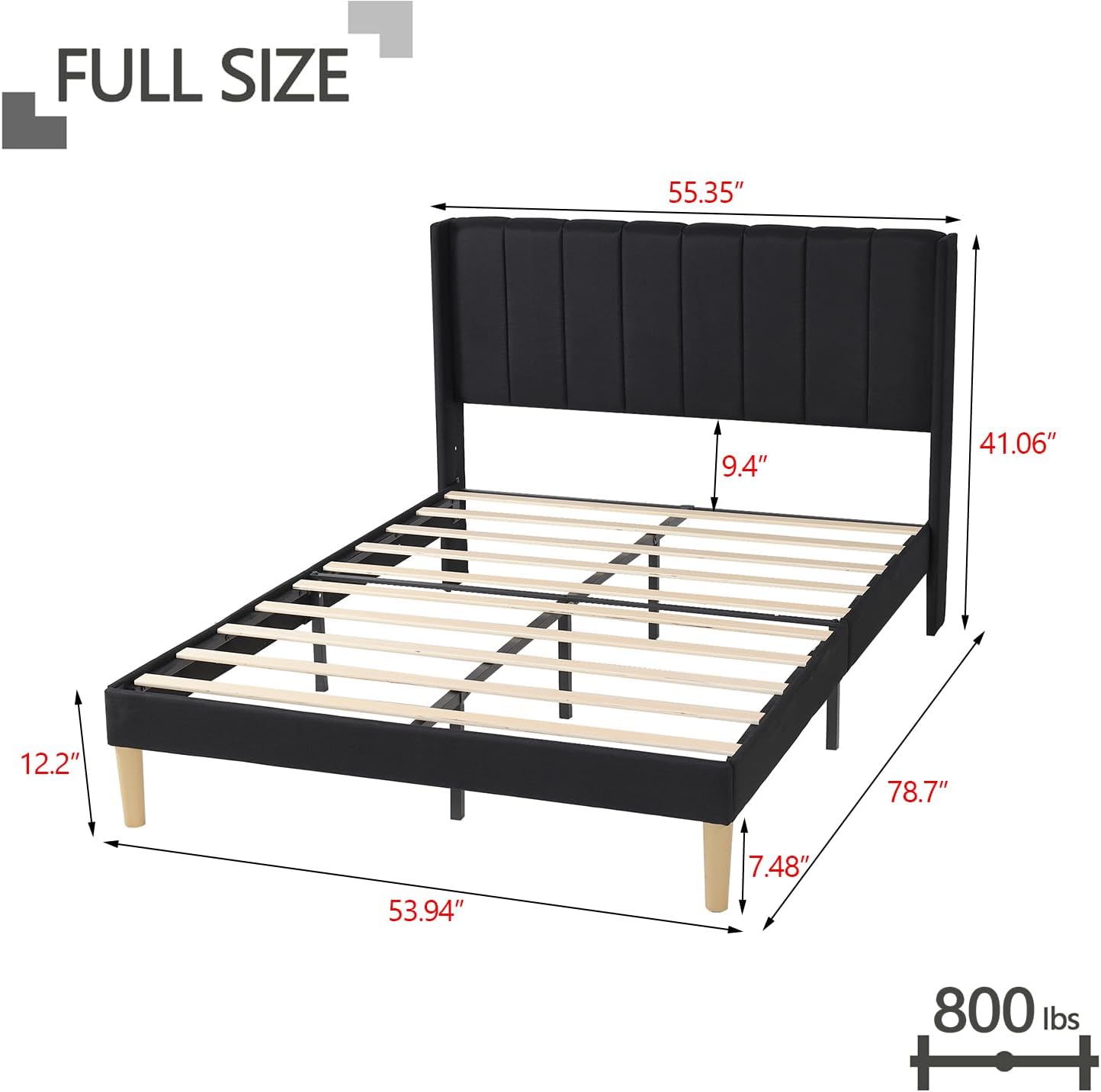 Full Size Bed Frame with Headboard, Modern Upholstered Linen Platform Bed, Heavy Duty Wooden Slats Support, No Box Spring Needed, Noise-Free & Easy Assembly, Black