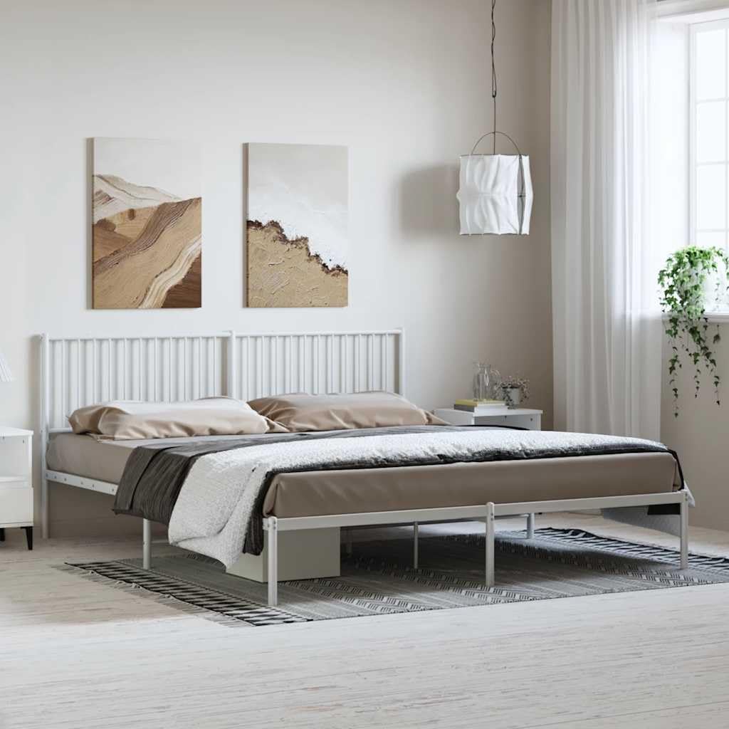 White Powder-Coated Steel Double Bed Frame with Headboard, 4-Piece Sturdy Metal Bed Frame Set for Bedroom, Modern Platform Base with Underbed Storage Space, Durable Support