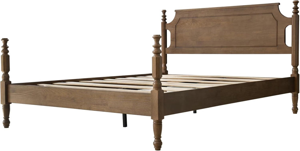 Solid Wood Queen Size Bed Frame with Headboard & Footboard, 12 Strong Slats, Center Metal Legs, Anti-Slip & Noise-Free Design, No Box Spring Needed, Quick Assemble, Barnwood Finish, ROQ-30