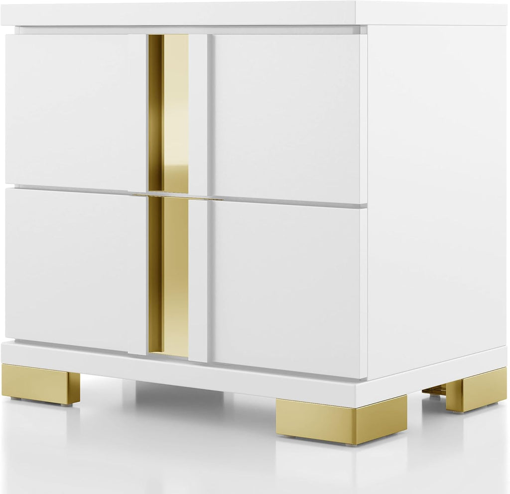 Furniture of America Ansten Modern Wood 6-Piece Platform Bedroom Set with Gold Trim, Underbed LED, Dust Proof Cases, Bracketed Metal Legs, No Box Spring Needed, Twin, White