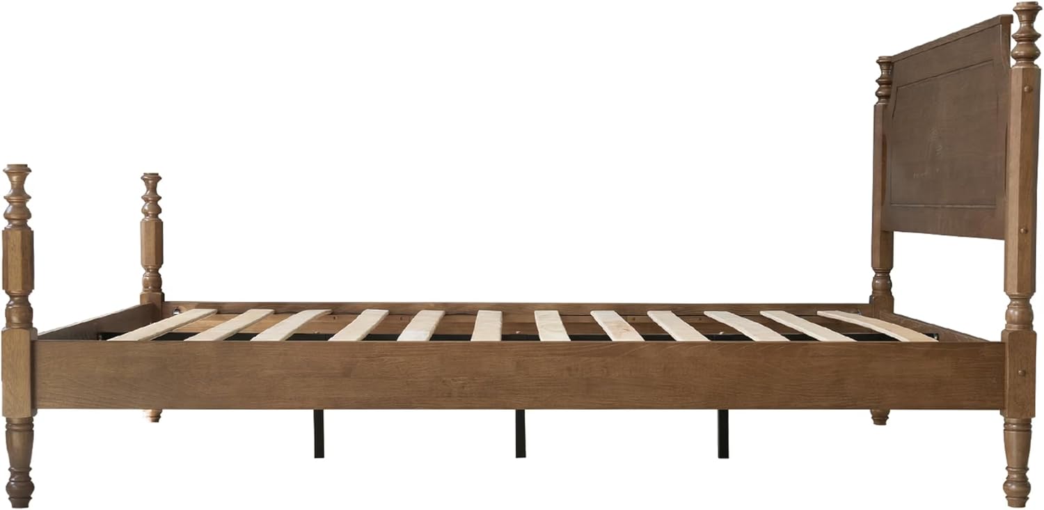 Solid Wood King Size Bed Frame with Headboard & Footboard, Platform Bed, Central Metal Legs, 12 Sturdy Slats, Under Bed Storage, Easy Assembly, Noise-Free & Anti-Slip, Barnwood Finish, ROK-30