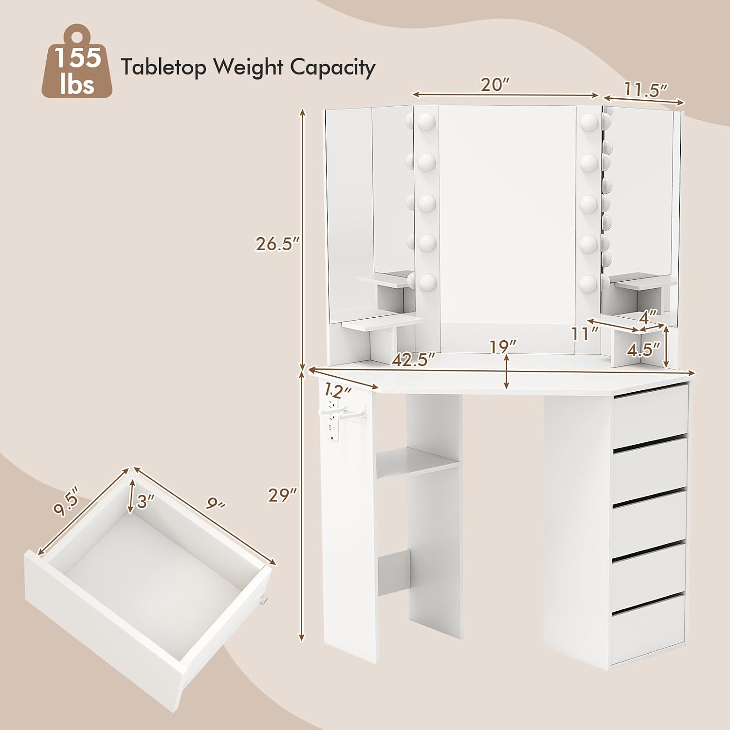 GOFLAME Corner Vanity with Mirror and Lights, Compact Vanity Table with Charging Station, 3 Lighting Modes, 5 Drawers, Dressing Table, Modern Makeup Vanity Desk with Triple Mirror for Bedroom (White)