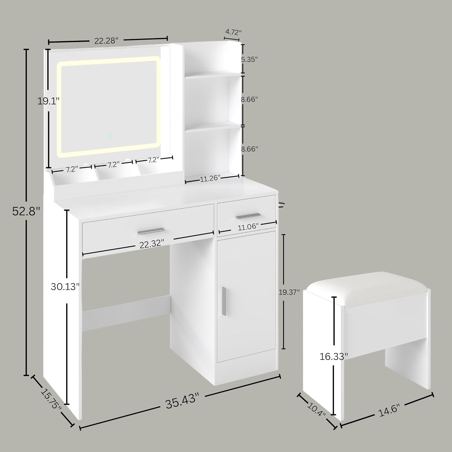 Roundhill Furniture Lavin Makeup Vanity Set, Vanity Desk with Stool, LED Light Mirror and Charging Station, White