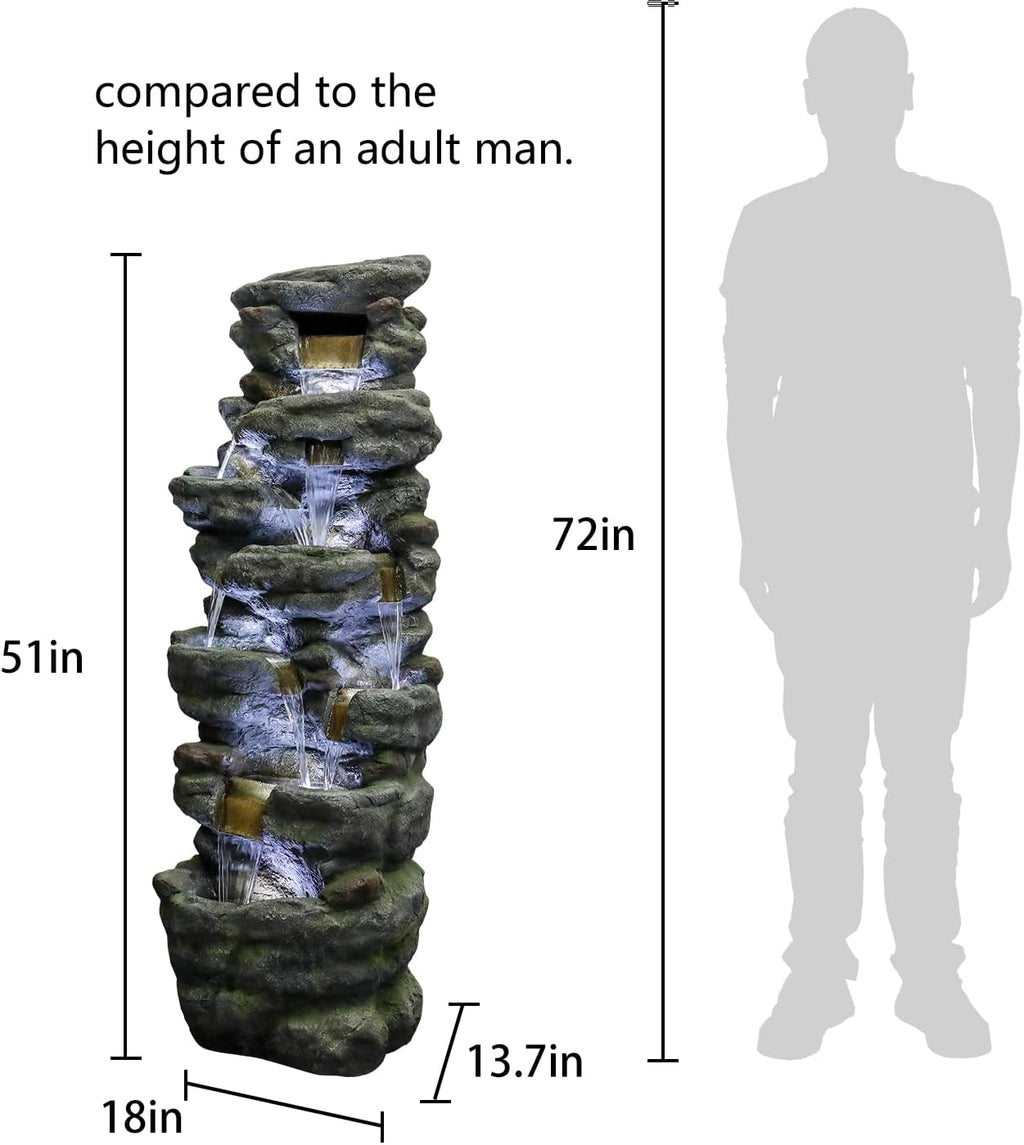 SunJet 51' High Multi-Tiers Cascading Rock Outdoor Water Fountain with LED Lights - Large Outdoor Resin Fountains and Waterfalls for Garden or Patio, Yard, Deck Decor, Featuring Natural Stone Look
