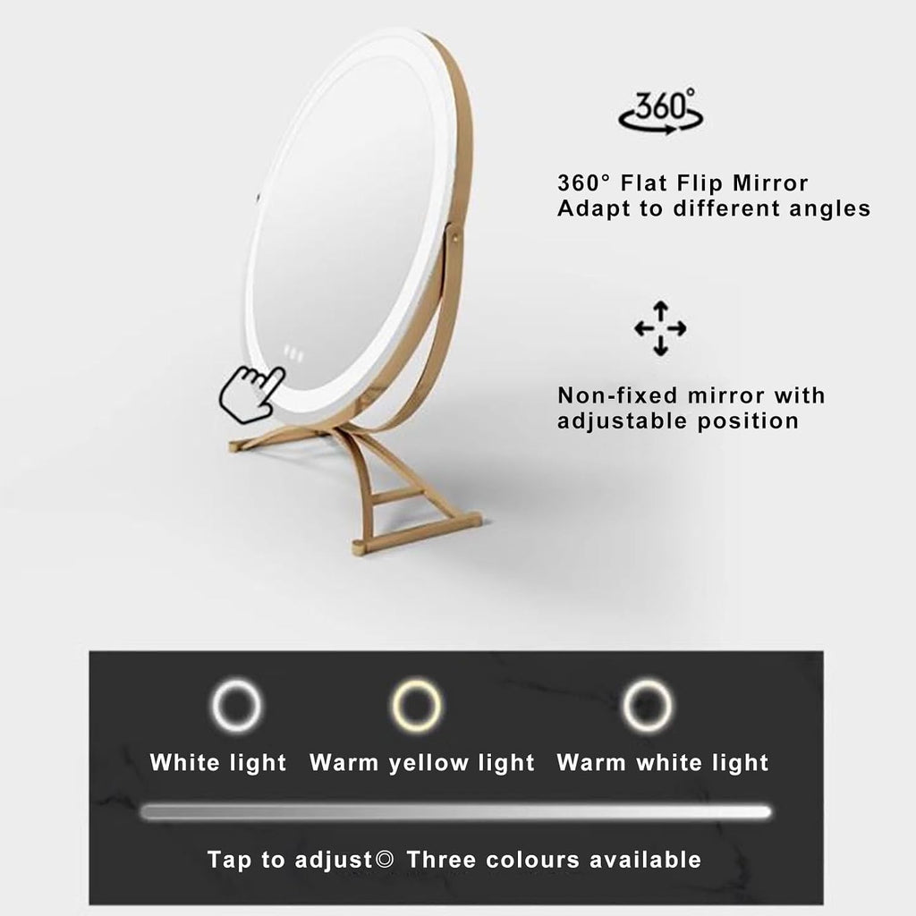 UPGENT Vanity Desk with Touch Screen Lighted Mirror, Corner Vanity Desk Set Dressing Table with 360 ° flippable Mirror Surface for Bedroom Small Spaces, Women Girls