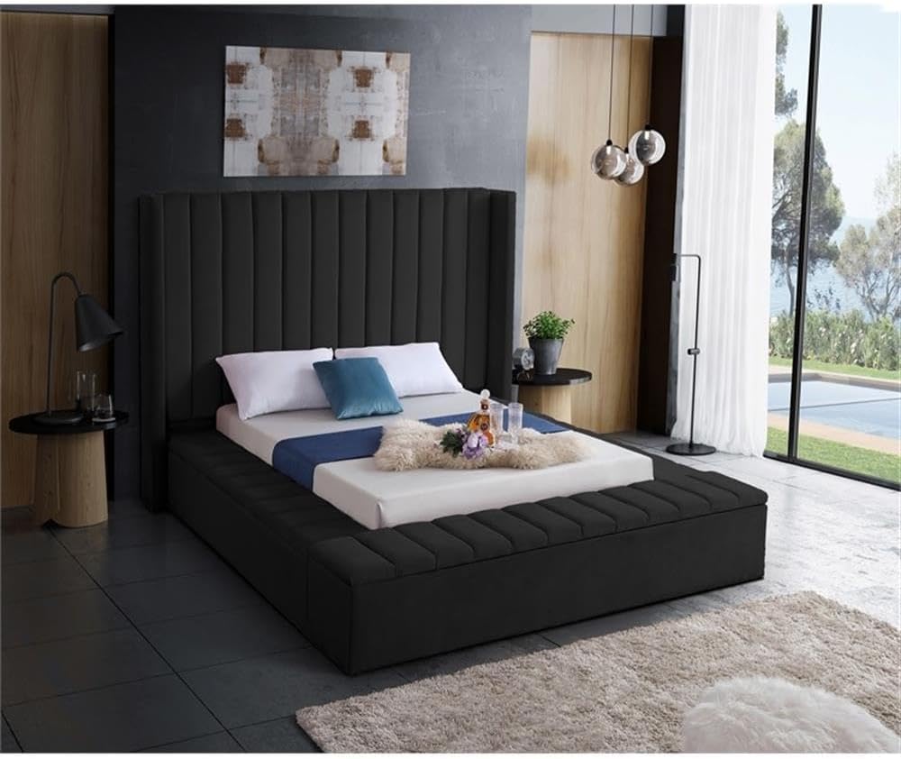 Meridian Furniture Kiki Collection Modern | Contemporary Velvet Upholsterd Bed with Channel Tufting, Siderails and Footboard Storage Compartments, King, Black