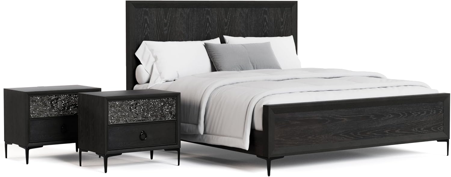 Furniture of America Glint Modern 3-Piece Solid Wood Bedroom Collection with King Bed Frame and USB Charger Nightstands Set of 2, for Home, Guest Room, Box Spring Needed, Espresso