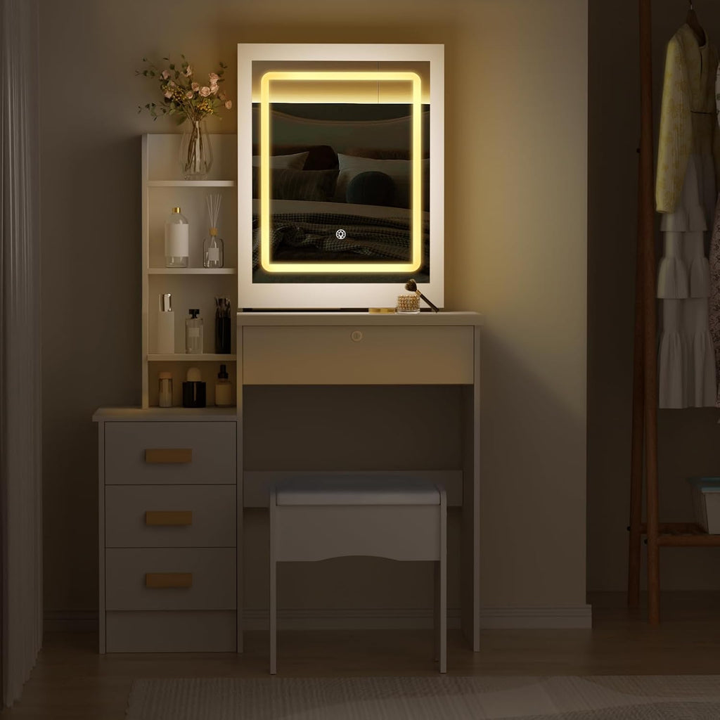 Vanity Desk with Mirror and Lights,Teen Girls Makeup Vanity Table, Dresser with mirror, Bedroom Vanity Set with 6 Spacious Drawers ,Shelves Dressing Desk for Bedroom Dressing Room (White with light)