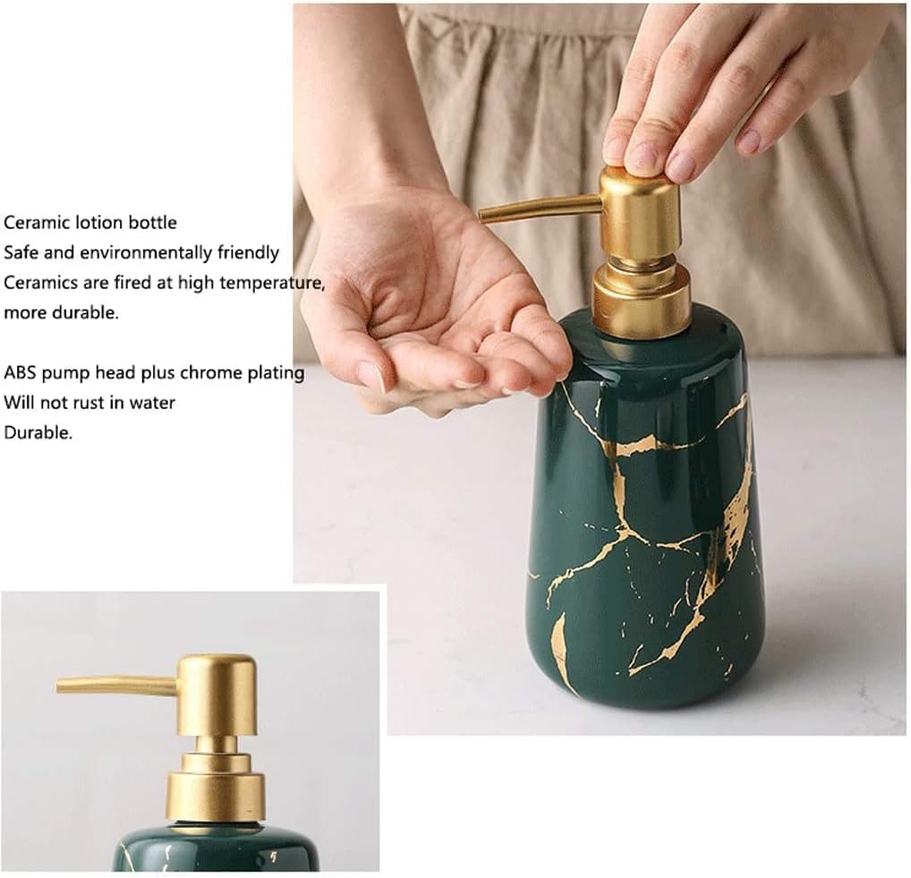 Vanity Bathroom Decor, 6-Piece Ceramics Bathroom Accessories Set Soap Dispenser/Toothbrush Holder/Mouthwash Cup/Soap Box Marble Texture Set Housewarming Gift(Green)