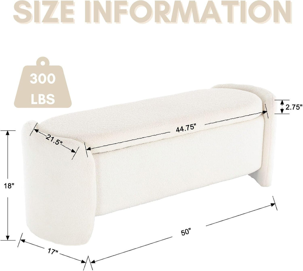 ROCTY White Boucle Storage Bench - 50' Sherpa Ottoman Bench for Bedroom, Entryway, Living Room & Vanity - Teddy Fabric with Storage & Seating