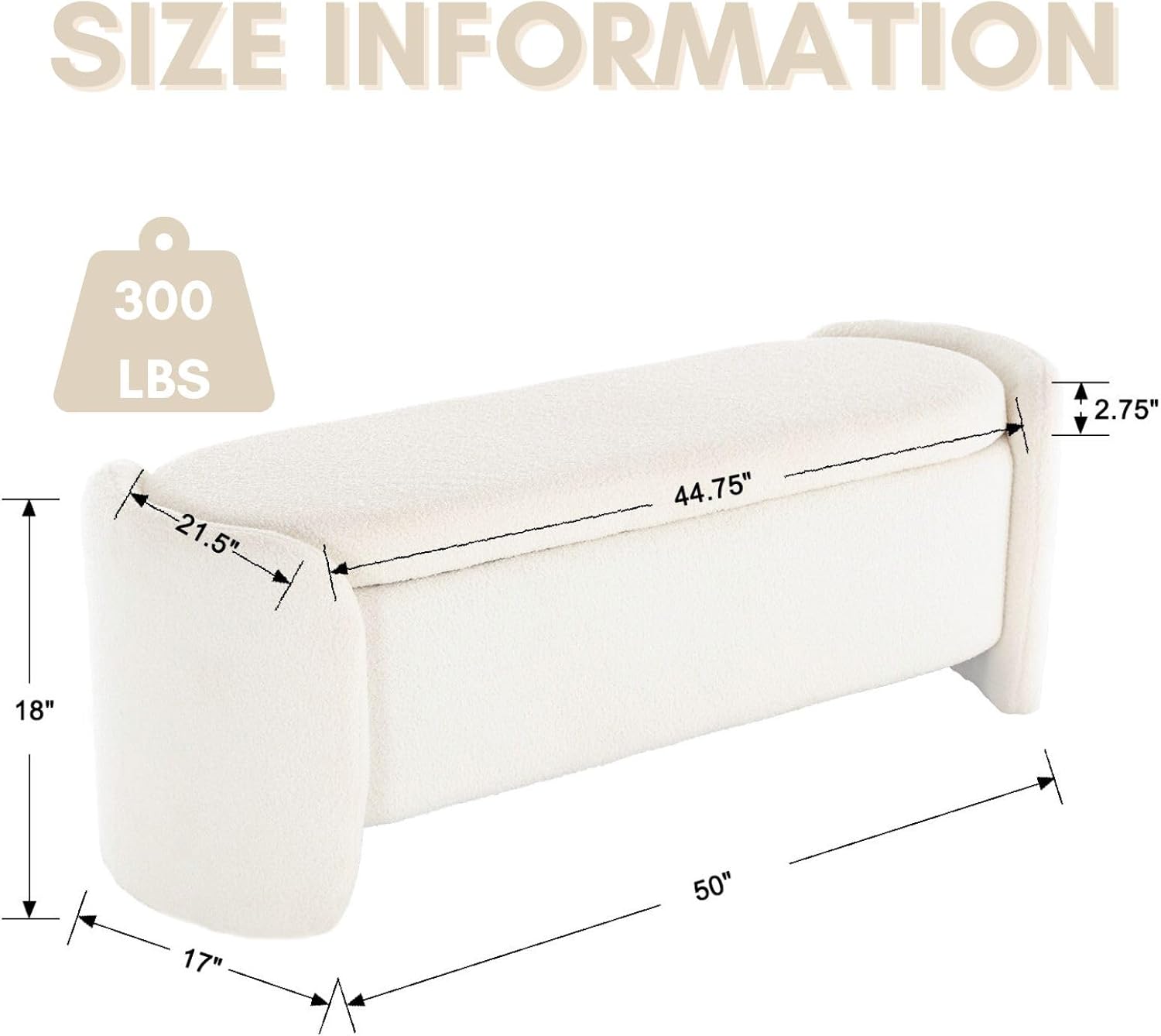 ROCTY White Boucle Storage Bench - 50' Sherpa Ottoman Bench for Bedroom, Entryway, Living Room & Vanity - Teddy Fabric with Storage & Seating