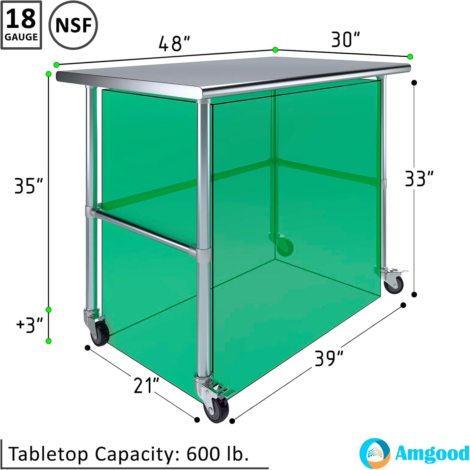 AmGood Stainless Steel Work Table Open Base & Wheels | Work Station | Metal Work Bench (Stainless Steel Work Table Open Base + Casters, 48' Long x 30' Deep)