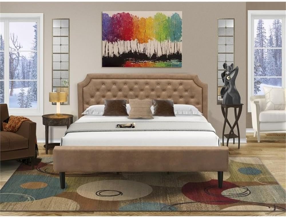 East West Furniture GB28K-1HI07 2-Piece Granbury Bedroom Set with Button Tufted King Bed and 1 Distressed Jacobean Bedroom Nightstand - Brown faux Leather with Brown Texture and Black Legs