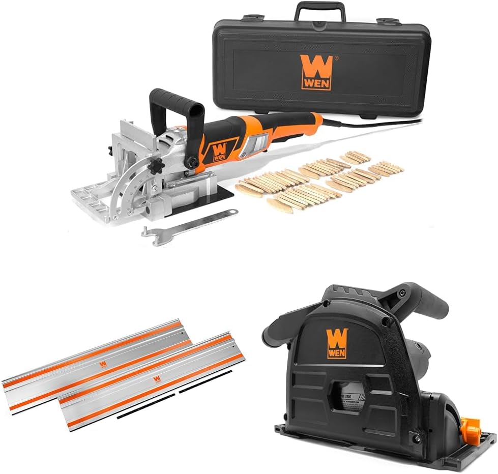 WEN JN8504 8.5-Amp Plate and Biscuit Joiner with Case and Biscuits & CT9502 100-Inch Track Saw Track Guide Rail and Adapters & CT1065 10-Amp 6.5-Inch Plunge Cut Sidewinder Circular Track Saw,Black