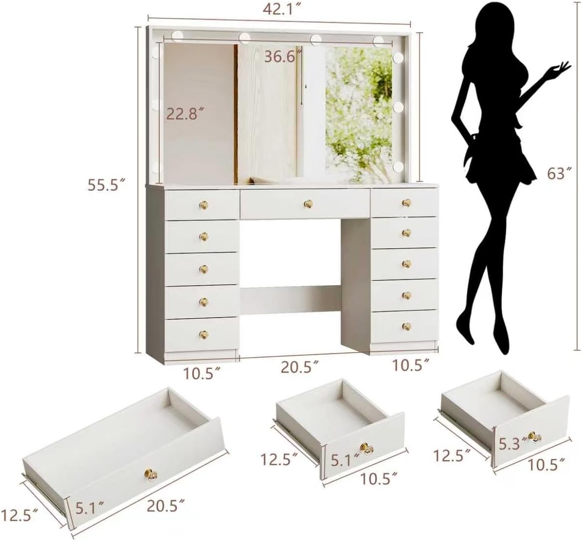 Vanity Desk with Large Mirror and 10 LED Lights, Glassstop Makeup Vanity Desk with 11 Drawers & Power Outlet & Hair Dryer Stand, Dressing Table with Crystal Handles for Girls, Women (White)