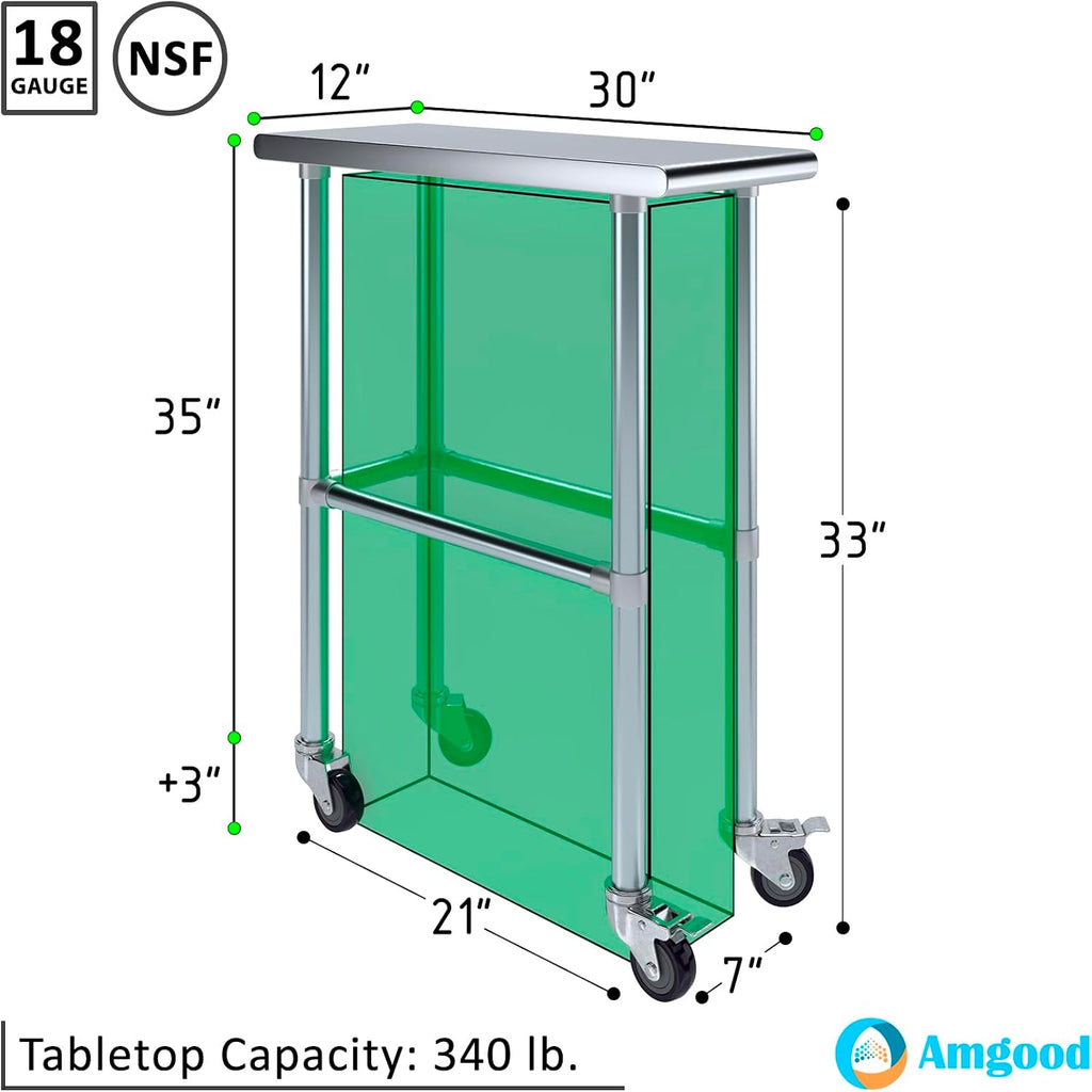 AmGood Stainless Steel Work Table Open Base & Wheels | Work Station | Metal Work Bench (Stainless Steel Work Table Open Base + Casters, 12' Long x 30' Deep)