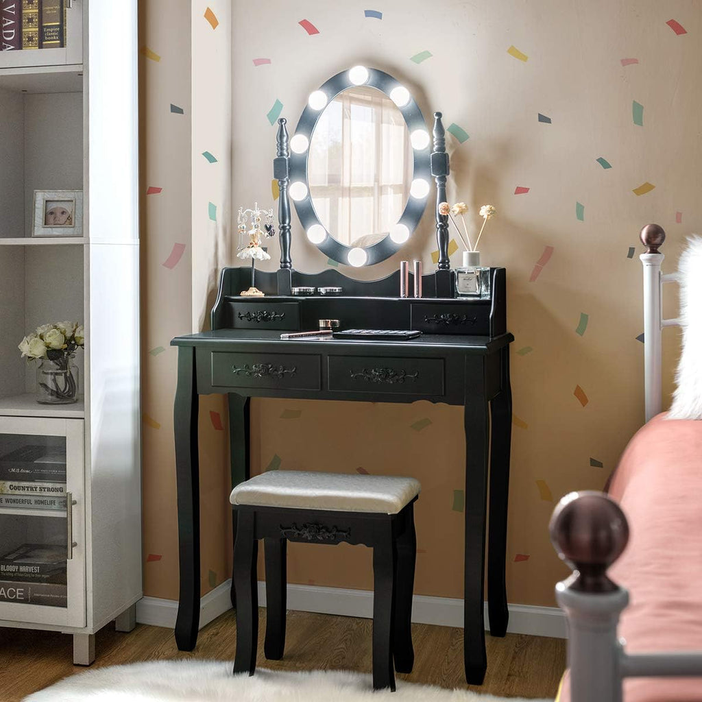 DORTALA Vanity Table Set, Makeup Dressing Table with 10 Dimmable Bulbs Lighted Mirror & 4 Drawers, Cushioned Stool, Solid Wood Leg, Classic Dressing Table Set for Home, Salon, Black