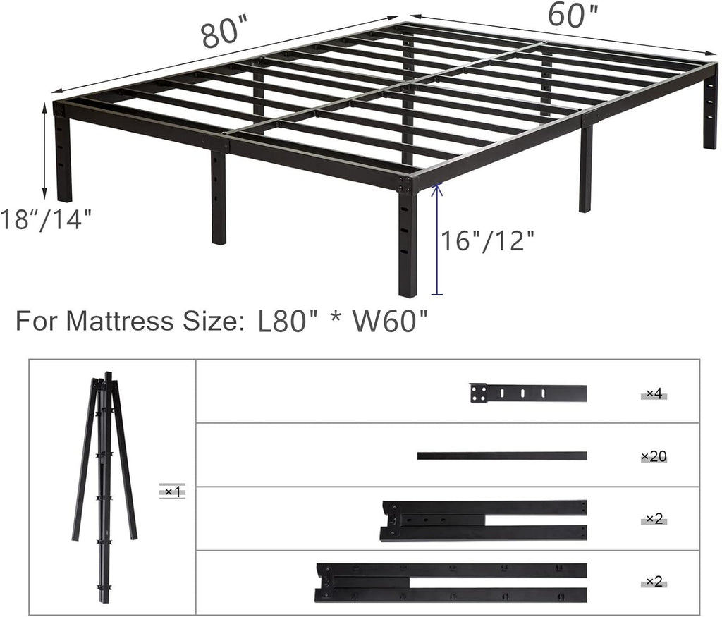 Wulanos Queen Size Bed Frame, 3500lbs Heavy Duty Metal Platform with Steel Slats Support, Sturdy and Noise-Free, 14 Inches High Bedframes with Ample Storage, No Box Spring Needed