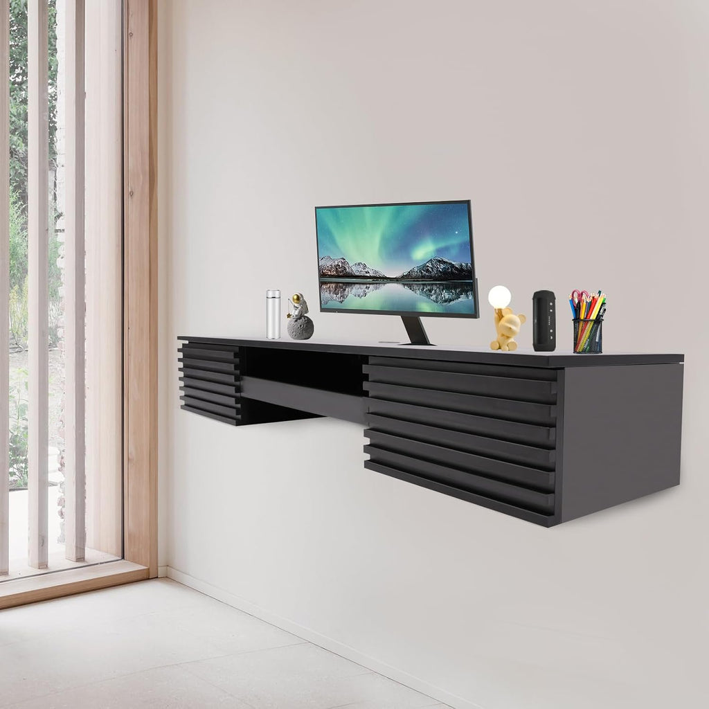 Wall Mounted Desk, Floating Work Table, Small Spaces Hanging Workbench with Pull-out 2 Drawers, Mount Computer Laptop Desks, Wall-mounted Corner Book Shelf for Bedroom Student Dormitories (Black)