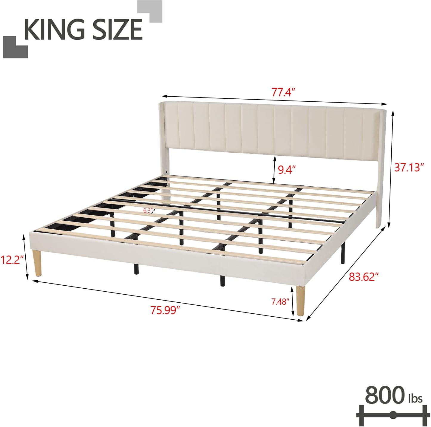 King Size Bed Frame with Headboard, Modern Upholstered Velvet Platform Bed, Heavy Duty Wooden Slats Support, No Box Spring Needed, Noise-Free & Easy Assembly, Beige