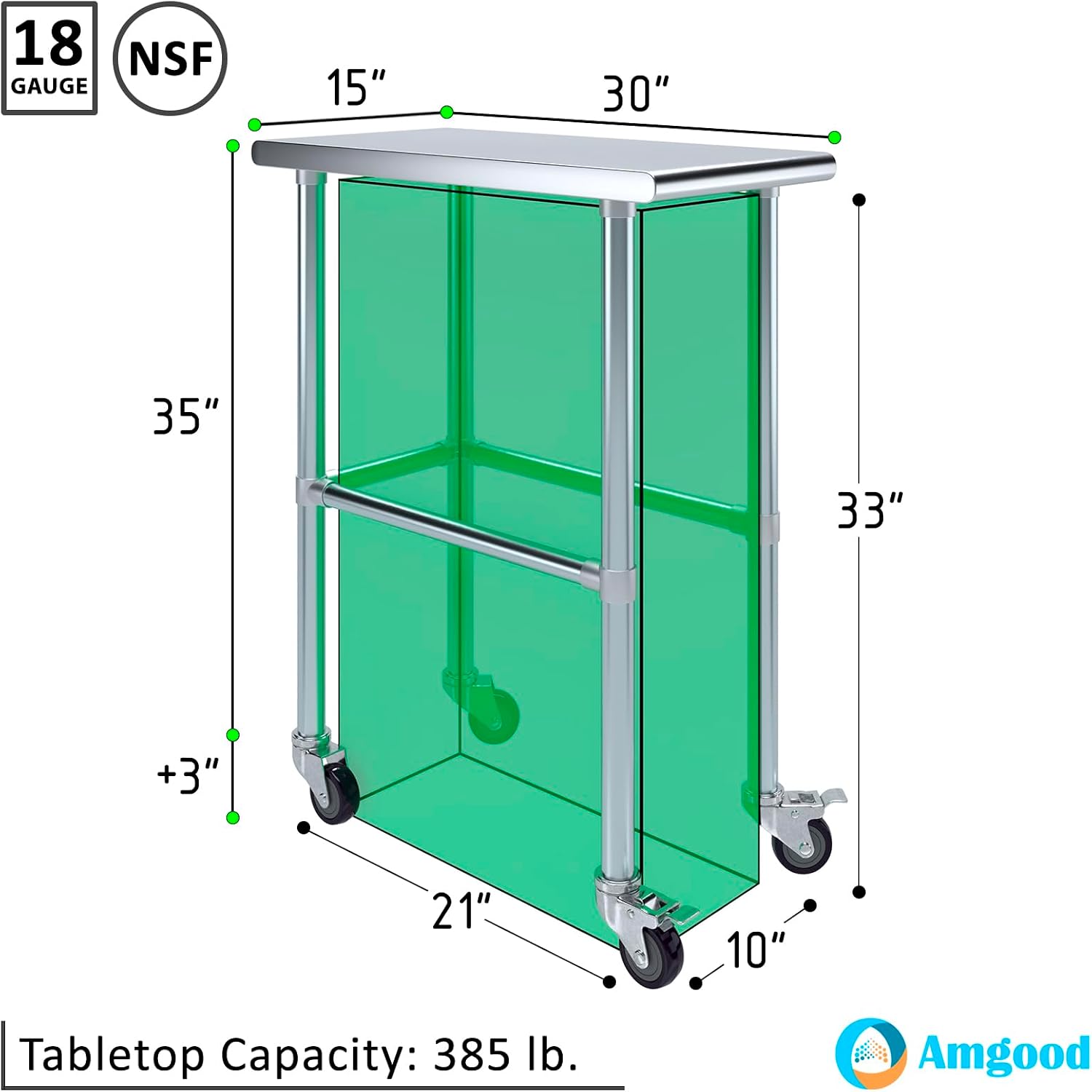 AmGood Stainless Steel Work Table Open Base & Wheels | Work Station | Metal Work Bench (Stainless Steel Work Table Open Base + Casters, 15' Long x 30' Deep)