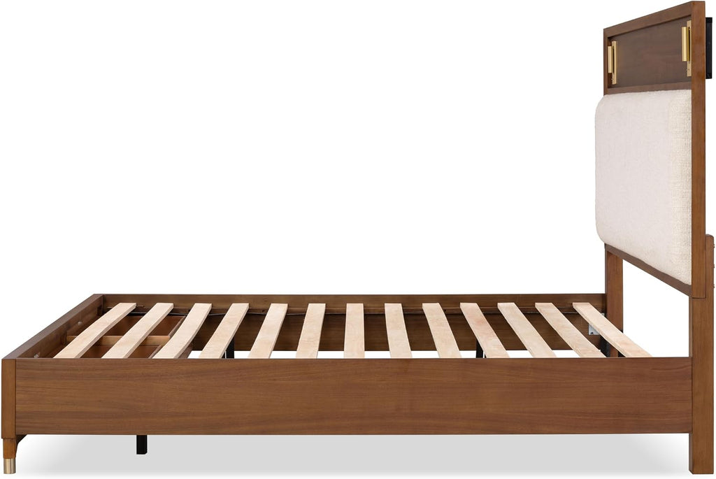 Furniture of America Forma Mid-Century Modern Solid Wood 2-Piece Bedroom Collection, Storage Bed Frame with LED Reading Light and Nightstand with Power Ports, No Box Spring Needed, Walnut, Queen