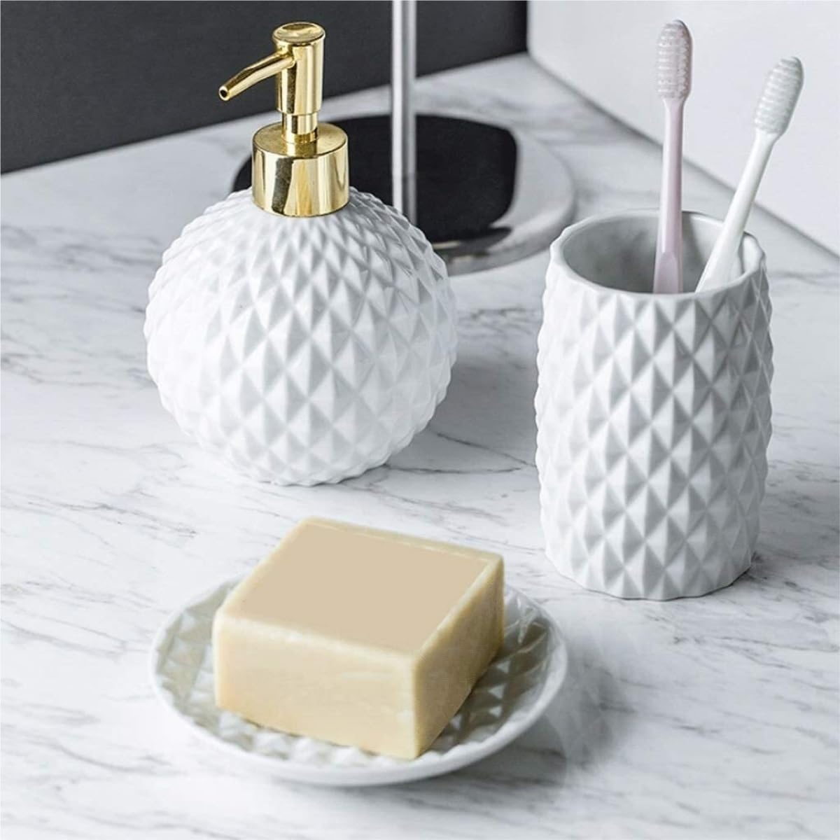 Vanity Bathroom Decor, 5pcs Ceramic Bathroom Accessories Set Geometric Bathroom Set Includes Lotion Dispenser Pump Tumbler Housewarming Gift