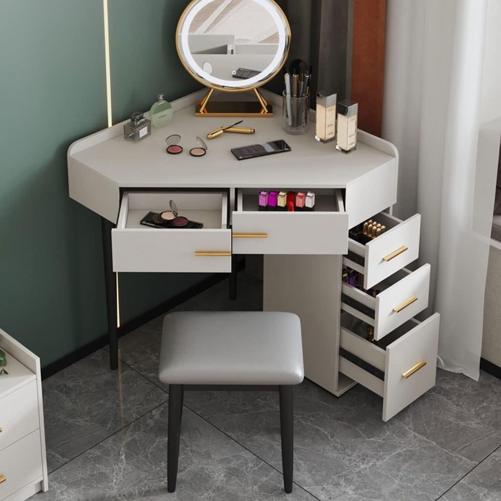Home Bedroom Small Unit Vanity Desk Right Angle Dresser Corner Dresser with Stool, LED Mirror, Multiple Drawers (Color : White)
