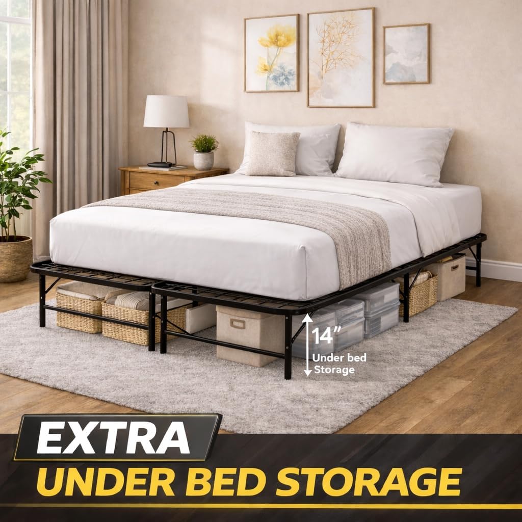 Greaton, 14-Inch Foldable Metal Platform Bed Frame with Tool Free Setup, Sturdy Steel, No Box Spring Needed, Full, Black