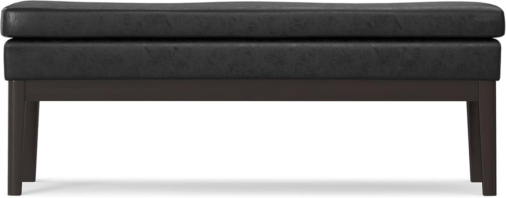 SIMPLIHOME Carlson Ottoman Bench - 45 inch Wide Upholstered Vegan Leather Rectangle Ottoman in Distressed Black, Mid Century Modern Bench for Bedroom, Entryway or Living Room with Padded Seat